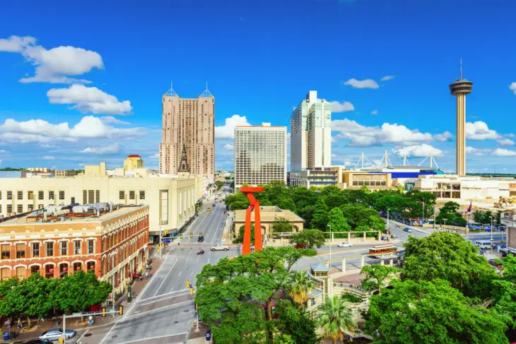 A view of downtown San Antonio with the Alamo in the background
