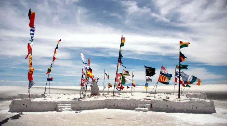 Flags from all over the world in the Salt Flats