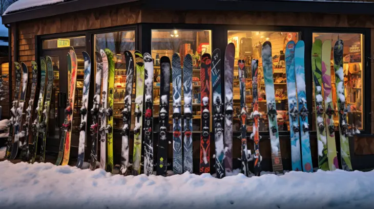 Outside of a ski and snowboard rental shop in the Poconos